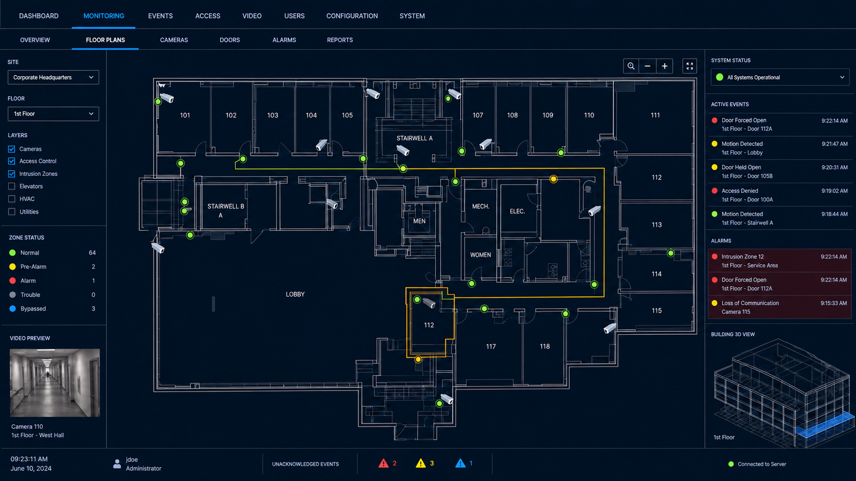 Beveiligingsdashboard met digitale plattegrond